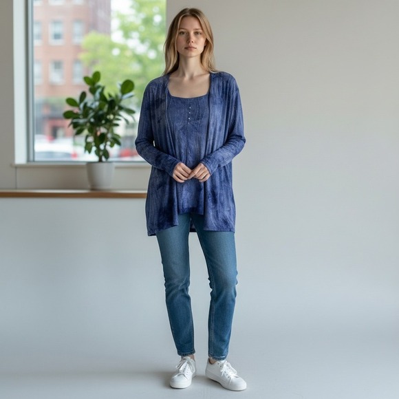 JM Collection Sweaters - JM Collection Blue Tie-Dye Twin Set Open-Front Cardigan & Tank M WPL8046